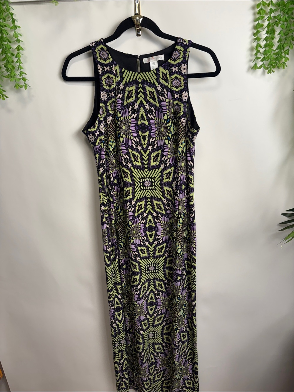 London Times Sleeveless Maxi Dress in Black, Green & Purple